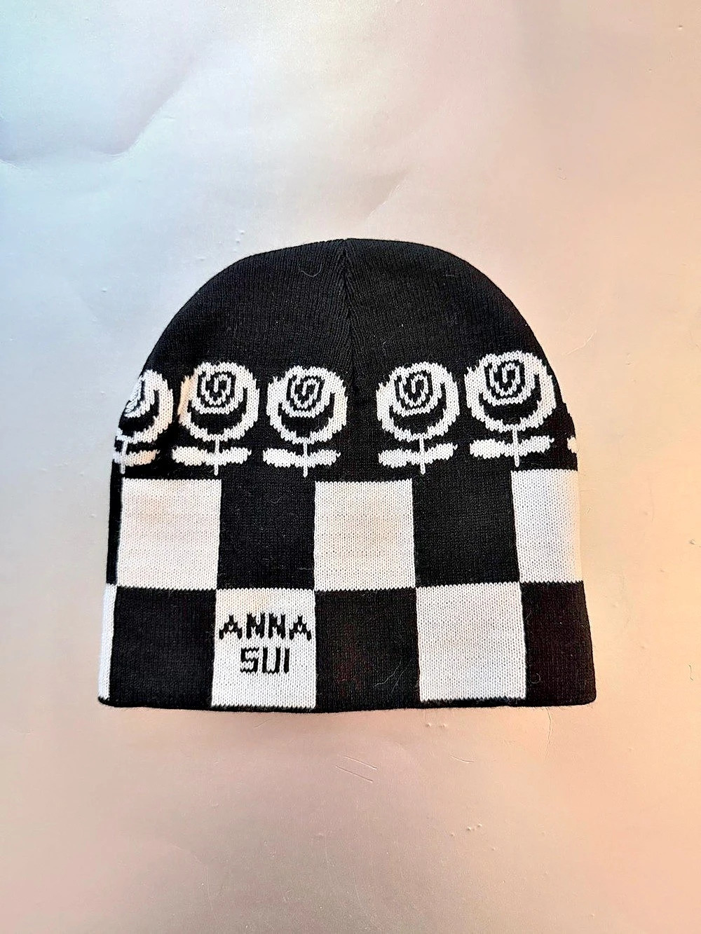 Anna Sui Rose Checker Beanie Black & White NWT